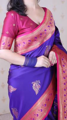 purple soft silk saree with rich zari border & contrast blouse 5