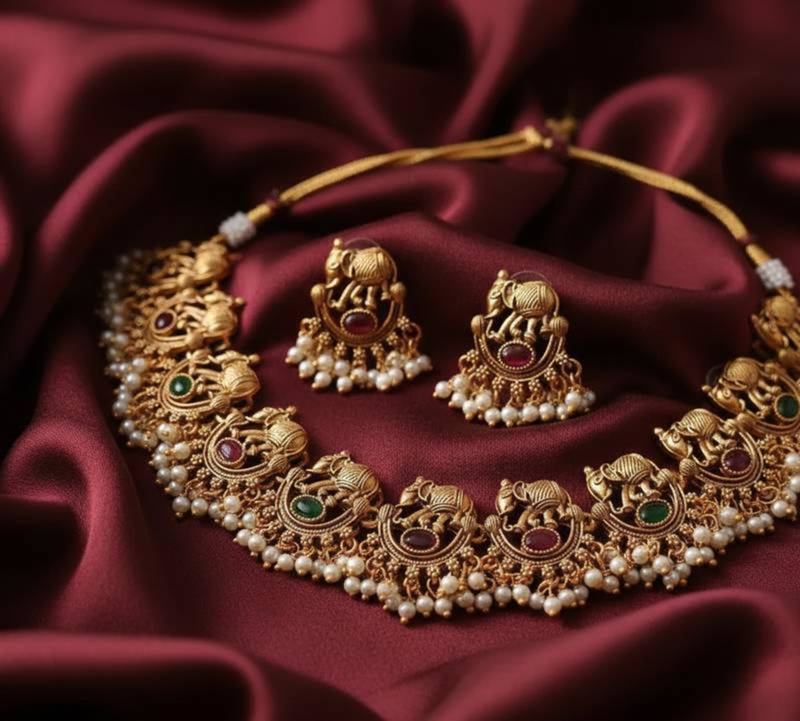 Antique gold plated temple choker set – ruby emerald elephant motif necklace with pearls for wedding & festivals