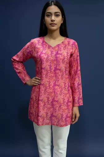  floral digital print muslin silk tunic / stylish short kurti 