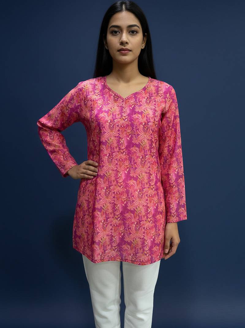  floral digital print muslin silk tunic / stylish short kurti for grilish