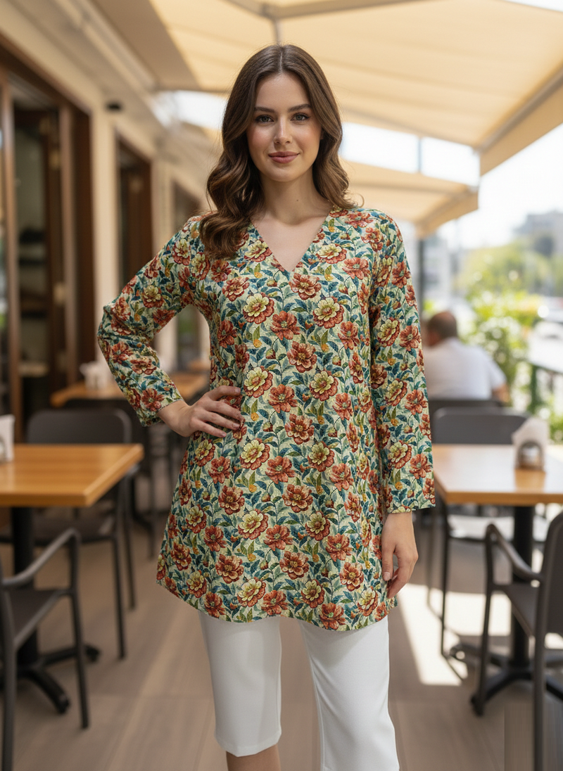  floral digital print muslin silk tunic / stylish short kurti for grilish