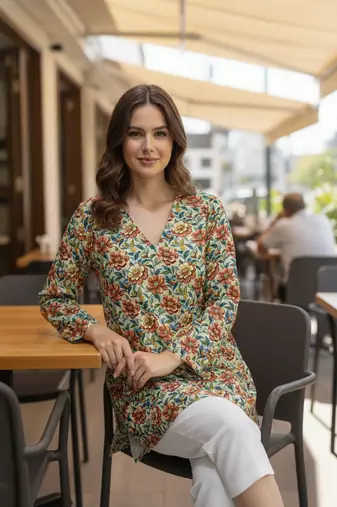  floral digital print muslin silk tunic / stylish short kurti for grilish