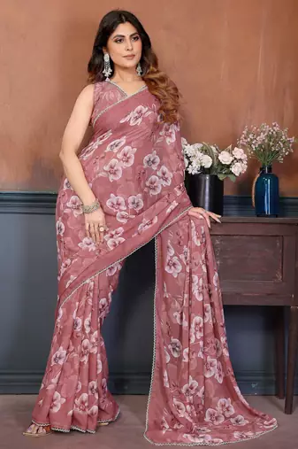 Pink color sharmili georgette silk printed saree with unstitched blouse | rich tone colour designer saree |