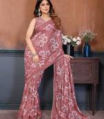 pink floral printed georgette silk designer saree