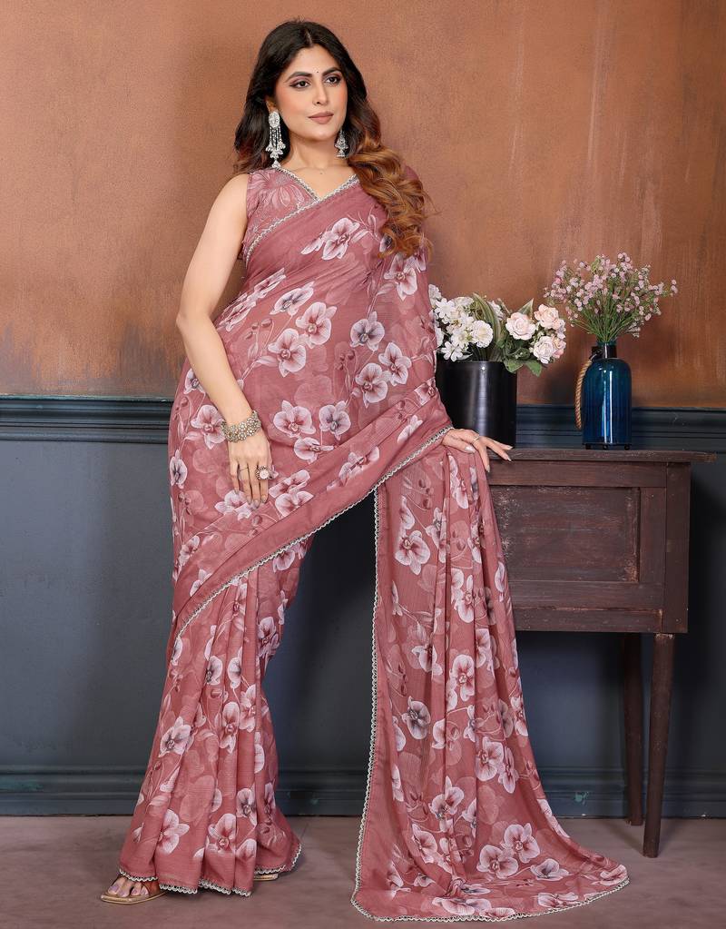 Pink color sharmili georgette silk printed saree with unstitched blouse | rich tone colour designer saree |