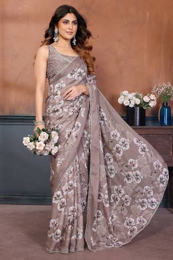 Brown color sharmili georgette silk printed saree with unstitched blouse | rich tone colour designer saree |