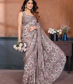brown floral printed georgette silk blend saree