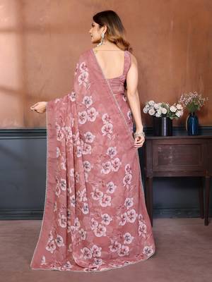 pink floral printed georgette silk blend saree 2