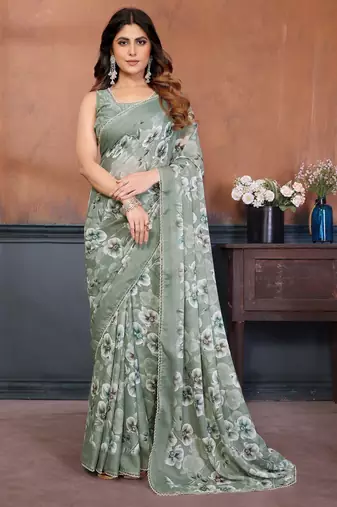 Pista color sharmili georgette silk printed saree with unstitched blouse | rich tone colour designer saree |
