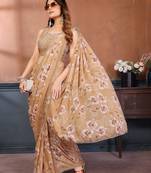 yellow floral printed georgette silk designer saree