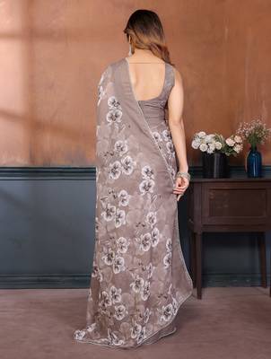 brown floral printed georgette silk blend saree 2