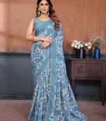 sky blue floral printed georgette silk blend saree