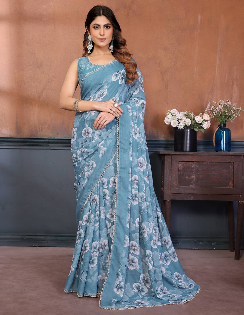 Sky color sharmili georgette silk printed saree with unstitched blouse | rich tone colour designer saree |