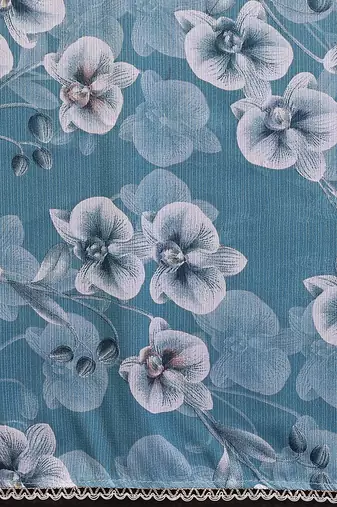 sky blue floral printed georgette silk blend saree