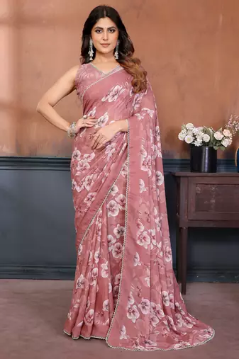 pink floral printed georgette silk blend saree