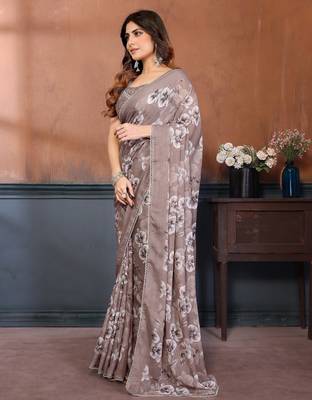 brown floral printed georgette silk blend saree 5