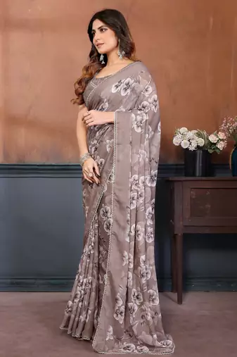 brown floral printed georgette silk blend saree