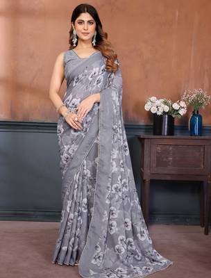 grey floral printed georgette silk blend saree 1