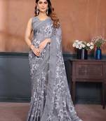 grey floral printed georgette silk blend saree