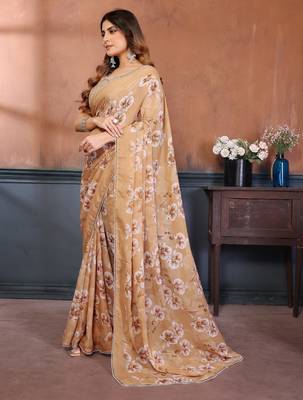 yellow floral printed georgette silk blend saree 5