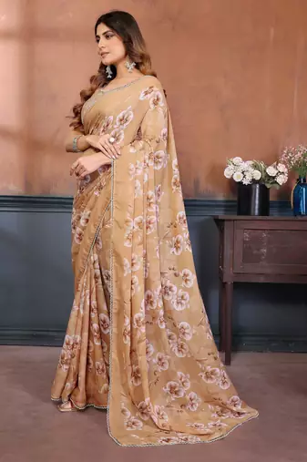 yellow floral printed georgette silk blend saree