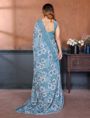 sky blue floral printed georgette silk blend saree 4