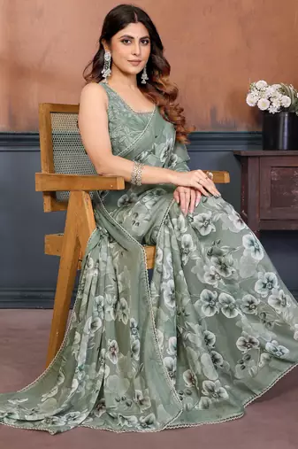 pista floral printed georgette silk blend saree