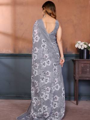 grey floral printed georgette silk blend saree 3