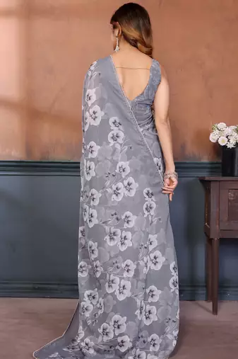 grey floral printed georgette silk blend saree