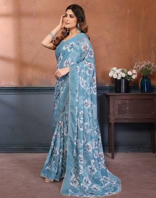 sky blue floral printed georgette silk blend saree 5