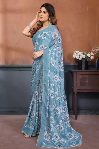 sky blue floral printed georgette silk blend saree
