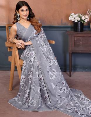 grey floral printed georgette silk blend saree 4