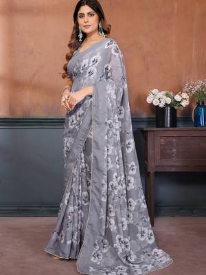 grey floral printed georgette silk blend saree 5