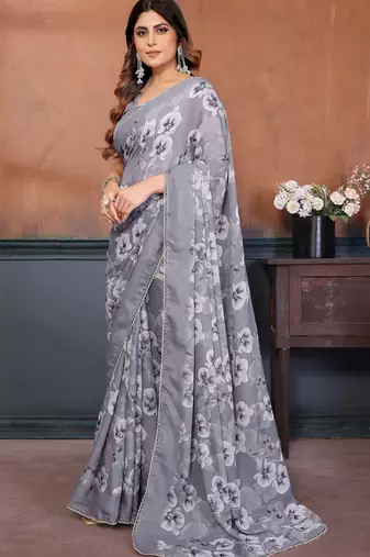 grey floral printed georgette silk blend saree
