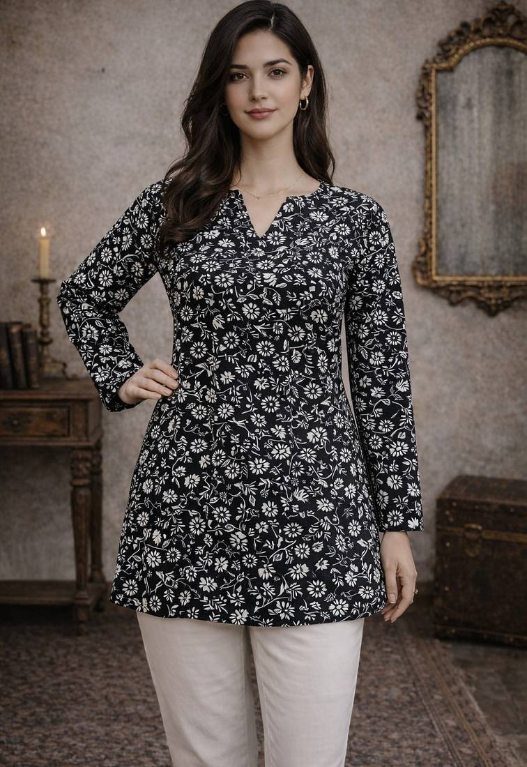  floral digital print muslin silk tunic / stylish short kurti for grilish