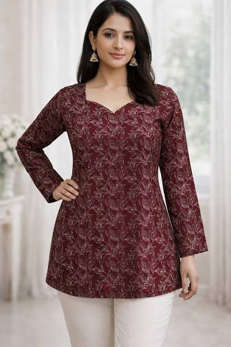  floral digital print muslin silk tunic / stylish short kurti for grilish