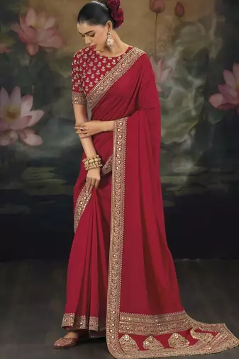 Red pure muga silk saree with zari & metal sequin heavy work