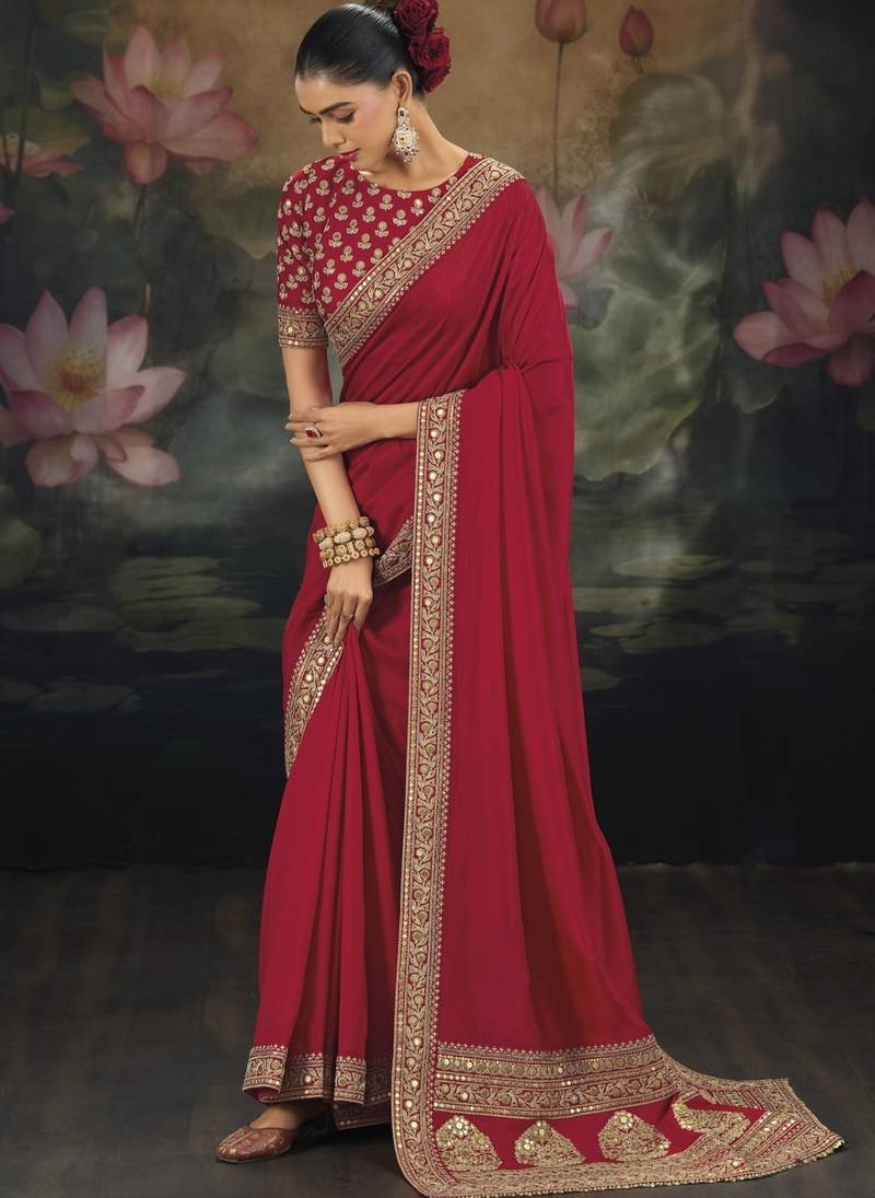 Red pure muga silk saree with zari & metal sequin heavy work