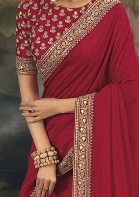 red pure muga silk blend saree with zari and metal sequin work 2