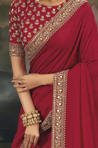 red pure muga silk blend saree with zari and metal sequin work