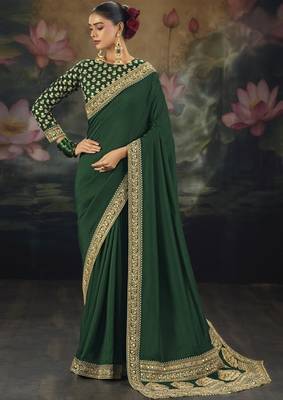 green pure muga silk blend saree with zari and metal sequin work 1