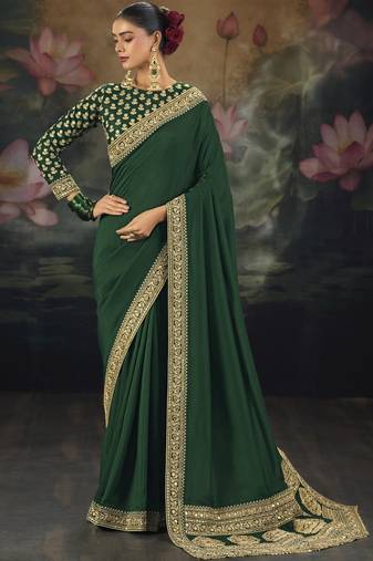 Green pure muga silk saree with zari & metal sequin heavy work