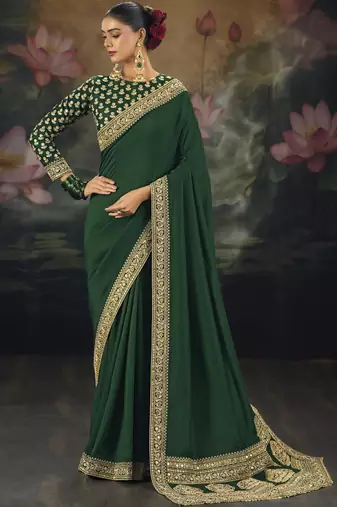 Green pure muga silk saree with zari & metal sequin heavy work