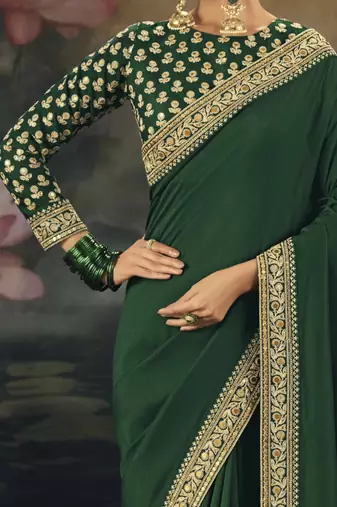 green pure muga silk blend saree with zari and metal sequin work