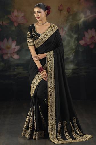 Black pure muga silk saree with zari & metal sequin heavy work
