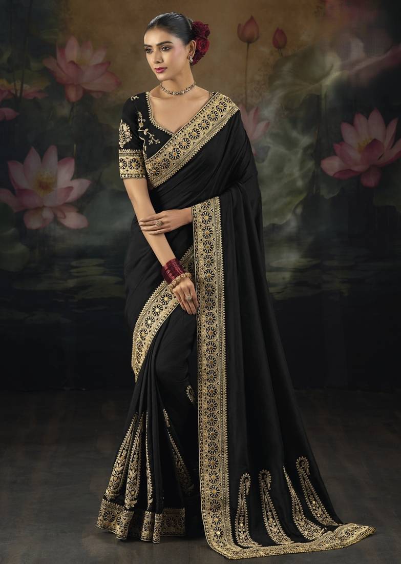 Black pure muga silk saree with zari & metal sequin heavy work