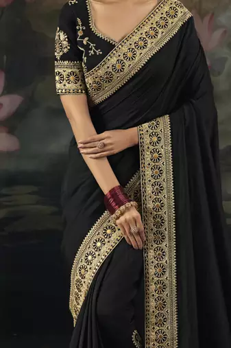 black muga silk blend work saree with zari and metal sequin work