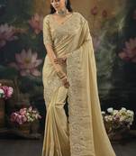 chiku kanjivaram silk saree with moti cut dana & emerald work
