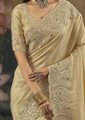 chiku kanjivaram silk blend saree with moti cut dana & emerald work 2
