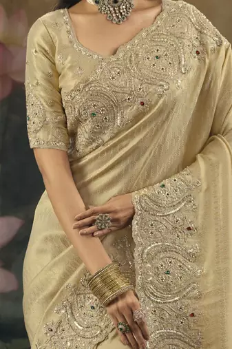 chiku kanjivaram silk blend saree with moti cut dana & emerald work